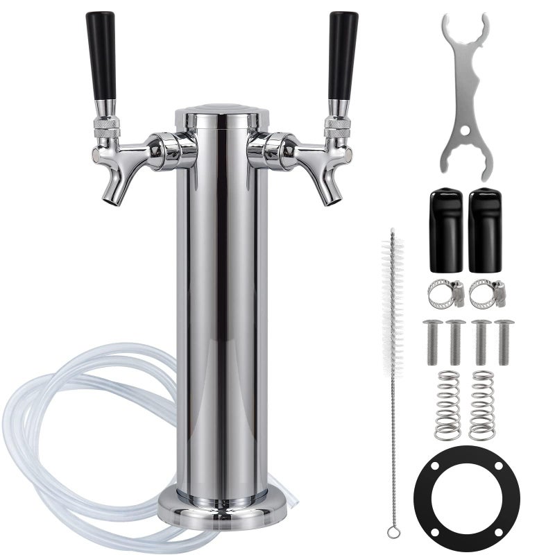 Ferroday Kegerator Tower Dual Faucet Beer Tower Double Tap Beer Tower Dispenser Beer Tap Kegerator Parts Stainless Steel Tower Brass Faucet Stainless Core Pre-Assembled Lines 3"" Keg Tower Beer Keg Tap - Image 1