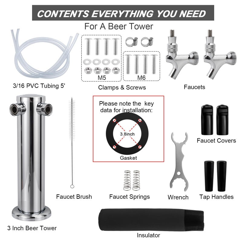Ferroday Kegerator Tower Dual Faucet Beer Tower Double Tap Beer Tower Dispenser Beer Tap Kegerator Parts Stainless Steel Tower Brass Faucet Stainless Core Pre-Assembled Lines 3"" Keg Tower Beer Keg Tap - Image 3