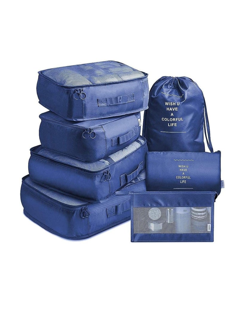 DUNISO 7 Pcs/Set Square Travel Luggage Storage Bags Clothes Organizer Pouch Case(Deep Blue) - Image 1