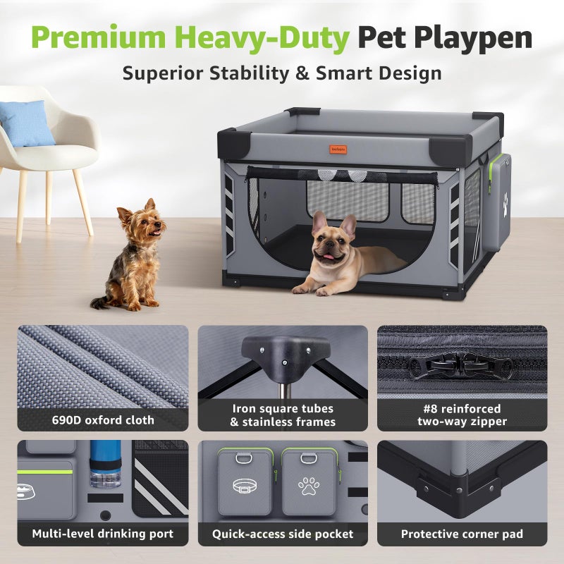 Loobani Foldable Dog Playpen Indoor: 1 Min Setup No Tools, Heavy Duty 690D Oxford Fabric & Reinforced Steel/Iron Frame, Portable Puppy Playpen with Rugged Carry Bag for Home &Travel-43.3"x43.3"x26.77" - Image 4