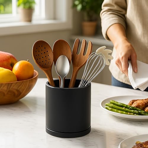 D'vine Dev 360° Rotating Utensil Holder Set – 7.2"+5" Kitchen Utensil Crocks for Countertop, Modern Cooking Tool Organizers for Kitchen Storage +Décor, Black, Set of 2, 72-Z-B-1 - Image 5