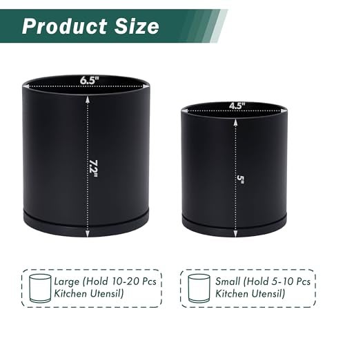 D'vine Dev 360° Rotating Utensil Holder Set – 7.2"+5" Kitchen Utensil Crocks for Countertop, Modern Cooking Tool Organizers for Kitchen Storage +Décor, Black, Set of 2, 72-Z-B-1 - Image 3