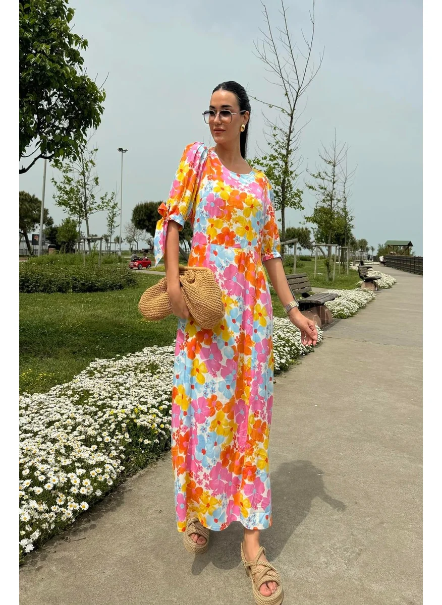 For You Moda Natural Viscose Patterned Long Orange Dress with Slits