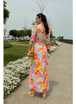 For You Moda فستان طويل برتقالي مزخرف من الفيسكوز الطبيعي مع شقوق  - Image 4