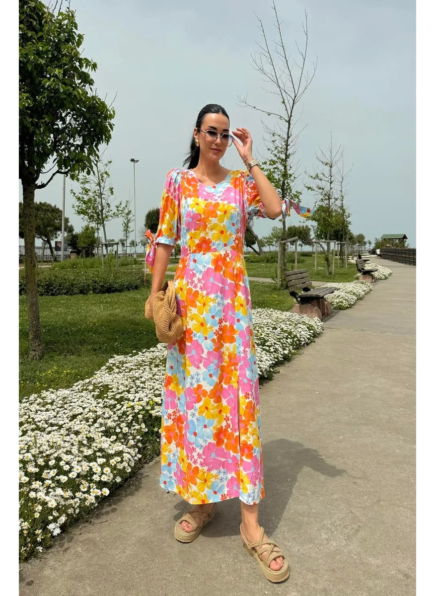 For You Moda Natural Viscose Patterned Long Orange Dress with Slits