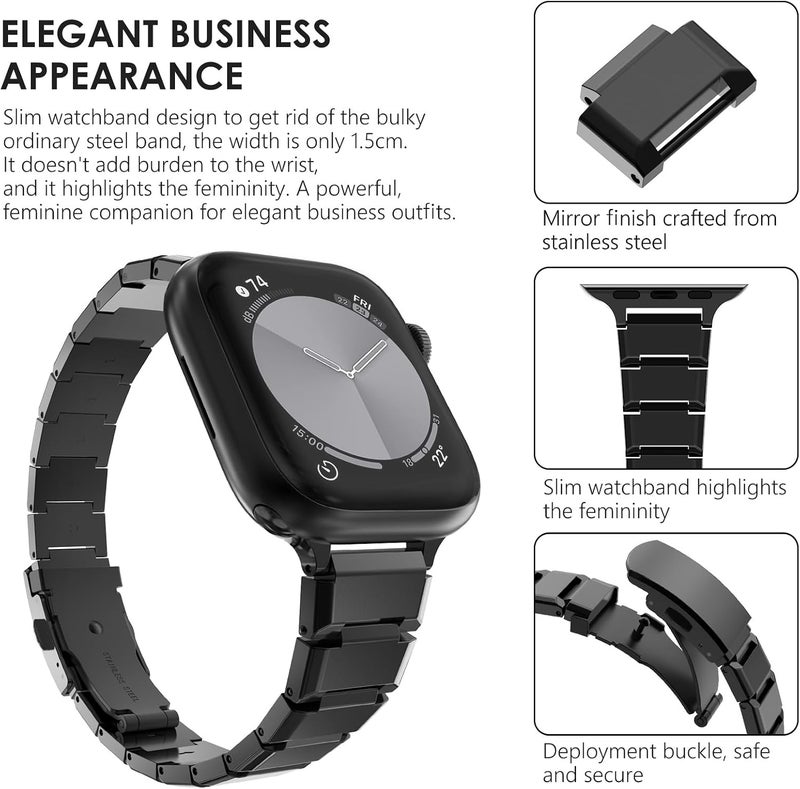 سوار من الفولاذ المقاوم للصدأ من CHANCHY لساعة Apple Watch Ultra بمقاسات 49 مم و45 مم و44 مم و42 مم و38 مم و40 مم و41 مم، حزام معدني مع مشبك قابل للطي لساعة Apple Watch Series 8 و7 و6 و5 و4 و3 و2 و1 للرجال (أسود، 49 مم و45 مم و44 مم و42 مم) - Image 3