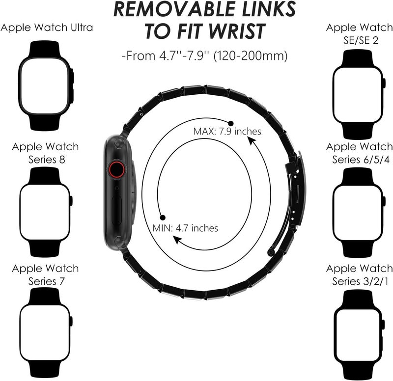سوار من الفولاذ المقاوم للصدأ من CHANCHY لساعة Apple Watch Ultra بمقاسات 49 مم و45 مم و44 مم و42 مم و38 مم و40 مم و41 مم، حزام معدني مع مشبك قابل للطي لساعة Apple Watch Series 8 و7 و6 و5 و4 و3 و2 و1 للرجال (أسود، 49 مم و45 مم و44 مم و42 مم) - Image 4