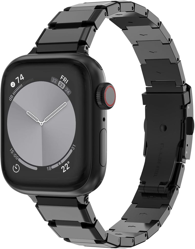 سوار من الفولاذ المقاوم للصدأ من CHANCHY لساعة Apple Watch Ultra بمقاسات 49 مم و45 مم و44 مم و42 مم و38 مم و40 مم و41 مم، حزام معدني مع مشبك قابل للطي لساعة Apple Watch Series 8 و7 و6 و5 و4 و3 و2 و1 للرجال (أسود، 49 مم و45 مم و44 مم و42 مم) - Image 1