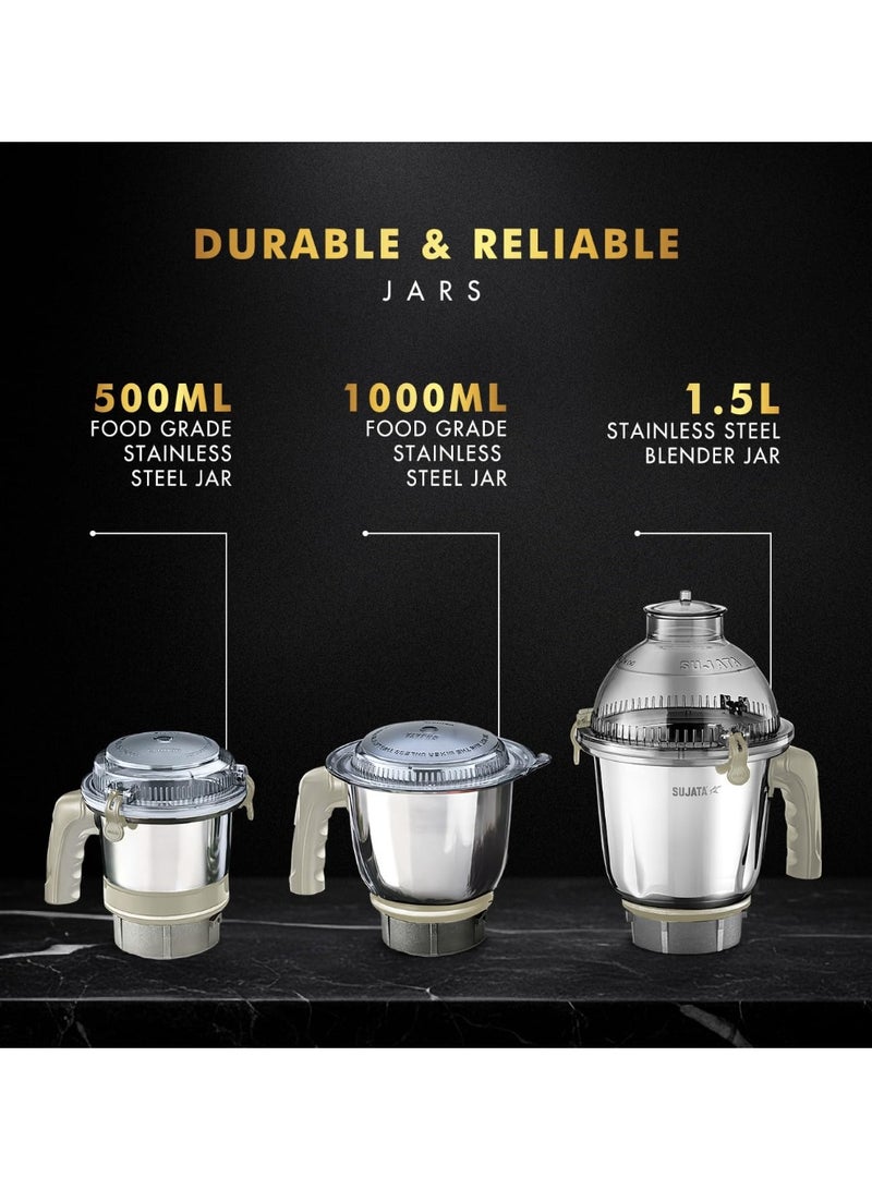 Sujata MG02 Mixer Grinder 1000Watts |Double Ball Bearing Motor|24000 RPM|Non-Stop 90 Mins Running|3 Food Grade Steel Jars including 1500ml Multipurpose, 1000ml Grinder, 500ml Chutney Jar|Beige & White - Image 4