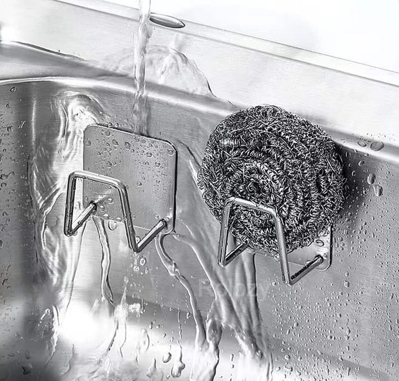 ROLOZY Rolozy 2pcs Self Adhesive Stainless Steel Sink Sponge Holder Waterproof Kitchen Sink Scrubber Quick Drying Kitchen Accessories Storage Rack Stand for Dishcloth Dishrag Wool Exfoliate Strainer Stopped  - Image 2