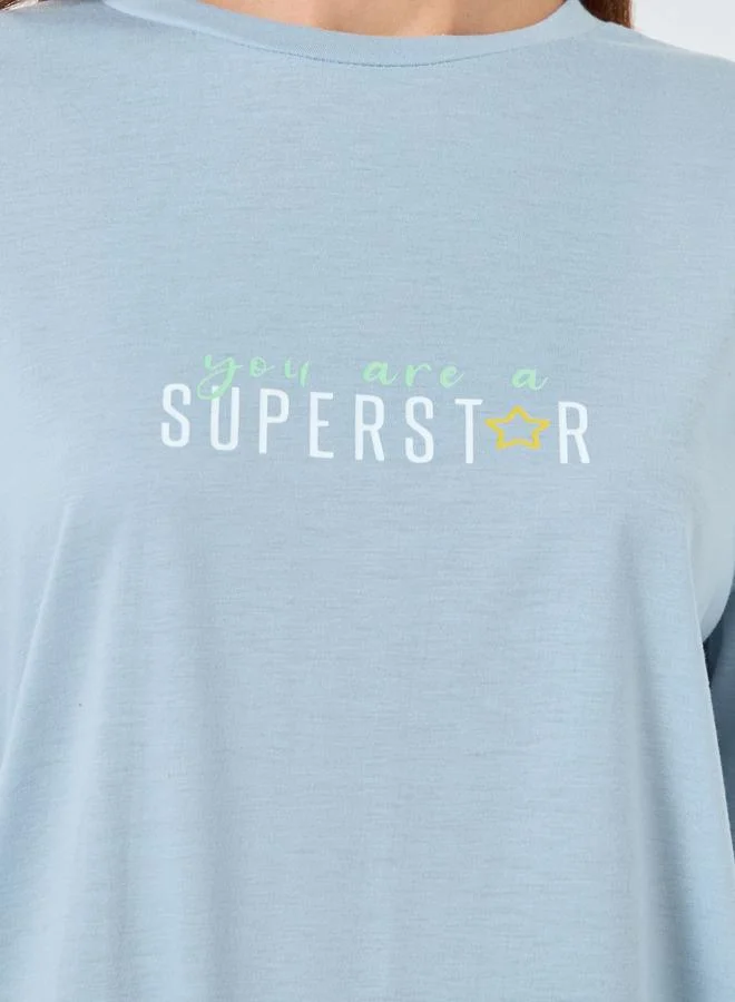 Styli Styli Superstar Slogan Long Sleeve T-Shirt and Check Pyjama Set