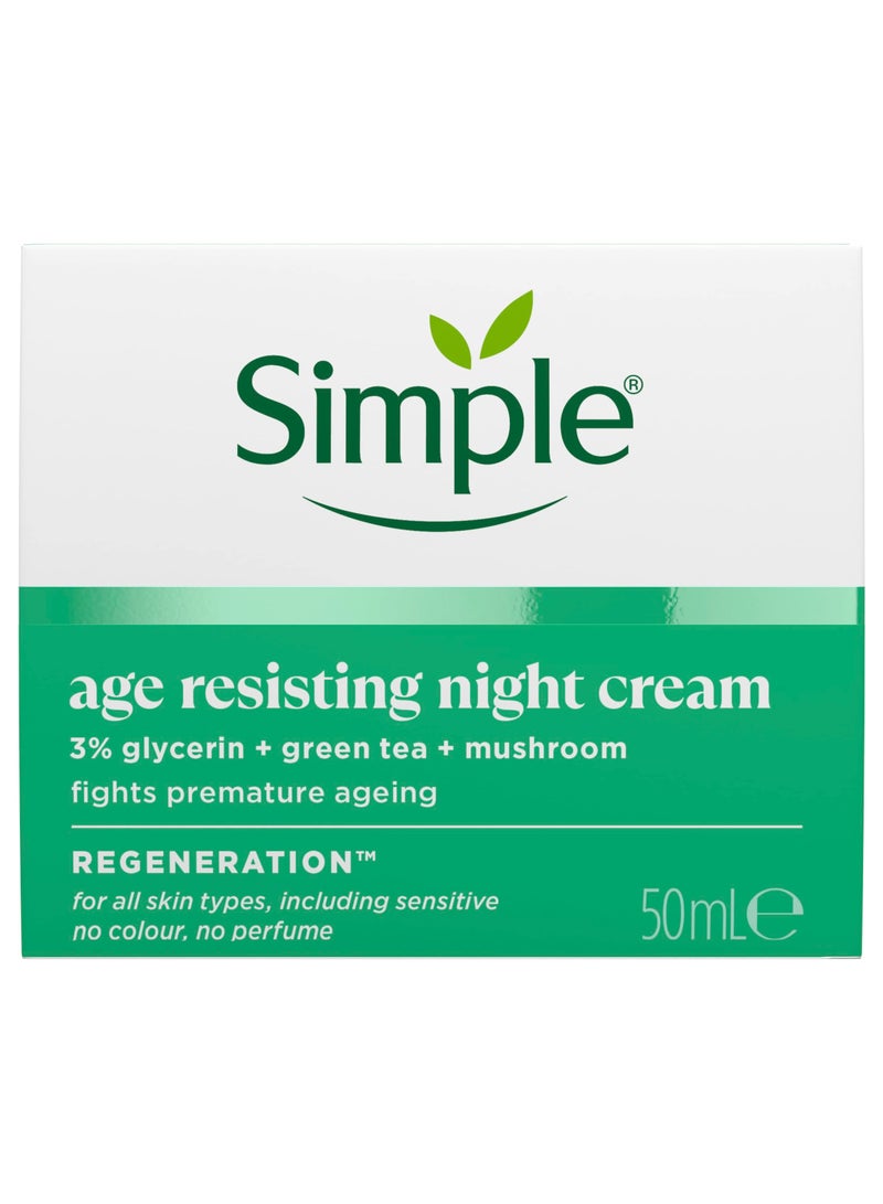 simple Age Resisting Night Cream with 3% Glycerin, Green Tea and Mushroom Extract Moisturiser for Overnight Skin Rejuvenation 50 ml - Image 1