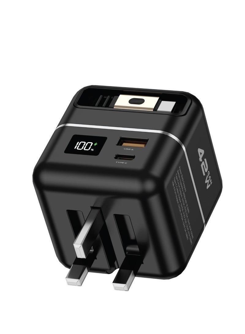 GREEN LION Multi Functional Premium Series Charger and Power Bank 5000mAh Battery / GaN Charger PD42W / 1M Retractable Type-C Cable / Type-C Port and USB-A Port / Fast Charger Powerbank 5000 mAh and 3 Pin Charger with Digital Display - Black - Image 1