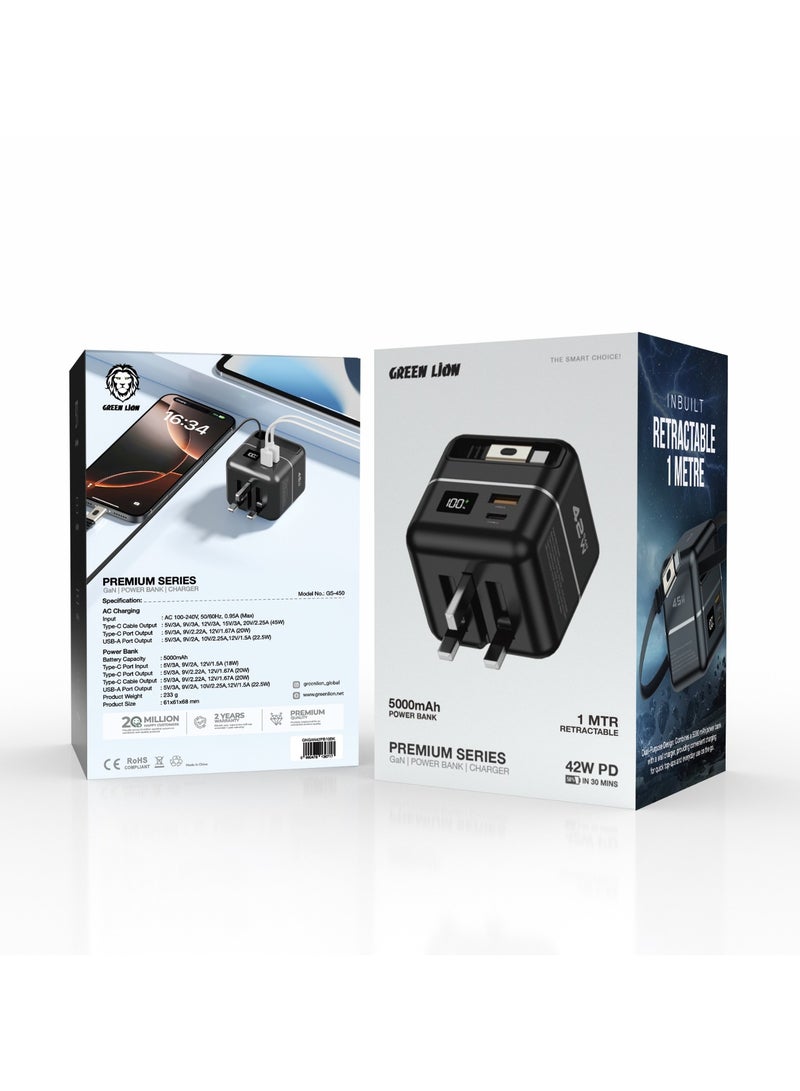 GREEN LION Multi Functional Premium Series Charger and Power Bank 5000mAh Battery / GaN Charger PD42W / 1M Retractable Type-C Cable / Type-C Port and USB-A Port / Fast Charger Powerbank 5000 mAh and 3 Pin Charger with Digital Display - Black - Image 2