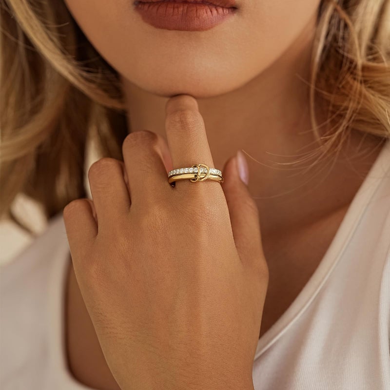 PDWZNBA 18K Gold-plated Stackable Rings for Women Interlocking Ring Gold-Silver Mixed Statement Rings Dainty Fashion Connected Band Thumb Ring Jewelry Gift for Women - Image 3