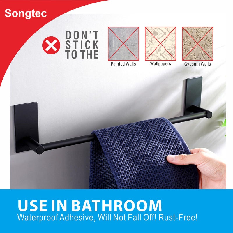Songtec Adhesive Towel Bar Black 16-Inch, Stick On Bath Towel Rack No Drill, Strong Adhesion Tape Mount Towel Holder, Stainless Steel - Black - Image 3