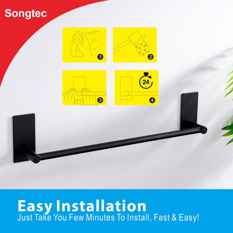 Songtec Adhesive Towel Bar Black 16-Inch, Stick On Bath Towel Rack No Drill, Strong Adhesion Tape Mount Towel Holder, Stainless Steel - Black - Image 5