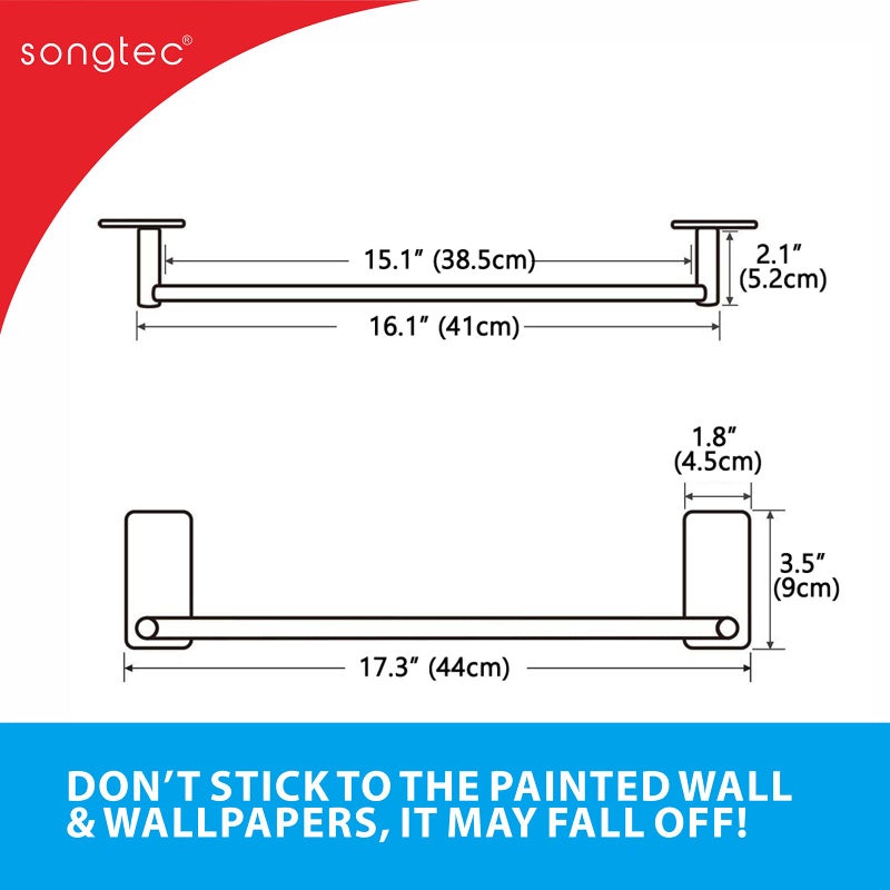 Songtec Adhesive Towel Bar Black 16-Inch, Stick On Bath Towel Rack No Drill, Strong Adhesion Tape Mount Towel Holder, Stainless Steel - Black - Image 4