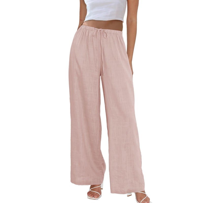 Duyang Womens Cotton Linen Palazzo Pants Drawstring Elastic Waist Casual Wide Leg Trousers with Pockets(Pink,M) - Image 1