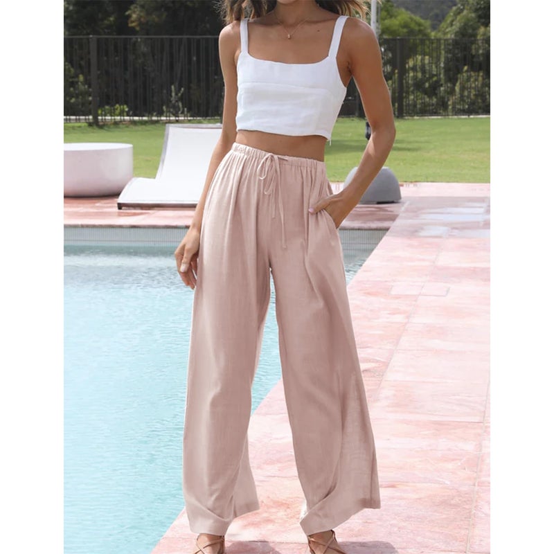 Duyang Womens Cotton Linen Palazzo Pants Drawstring Elastic Waist Casual Wide Leg Trousers with Pockets(Pink,M) - Image 2