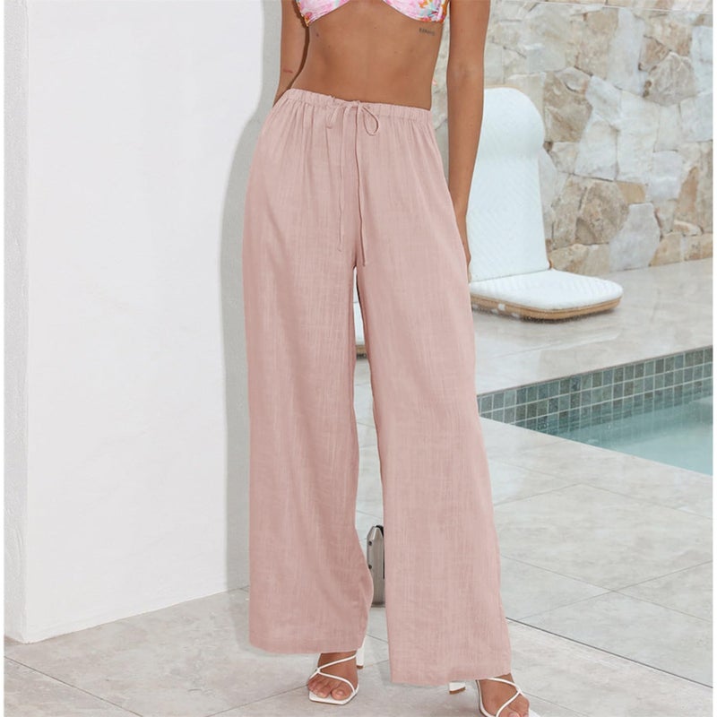 Duyang Womens Cotton Linen Palazzo Pants Drawstring Elastic Waist Casual Wide Leg Trousers with Pockets(Pink,M) - Image 4