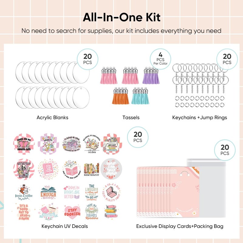 YOPPIX 140 PCS Acrylic Keychain Blank Set, Book Double-Sided UV DTF Stickers Acrylic Keychain Making Kits for Vinyl DIY Craft Project - Image 3