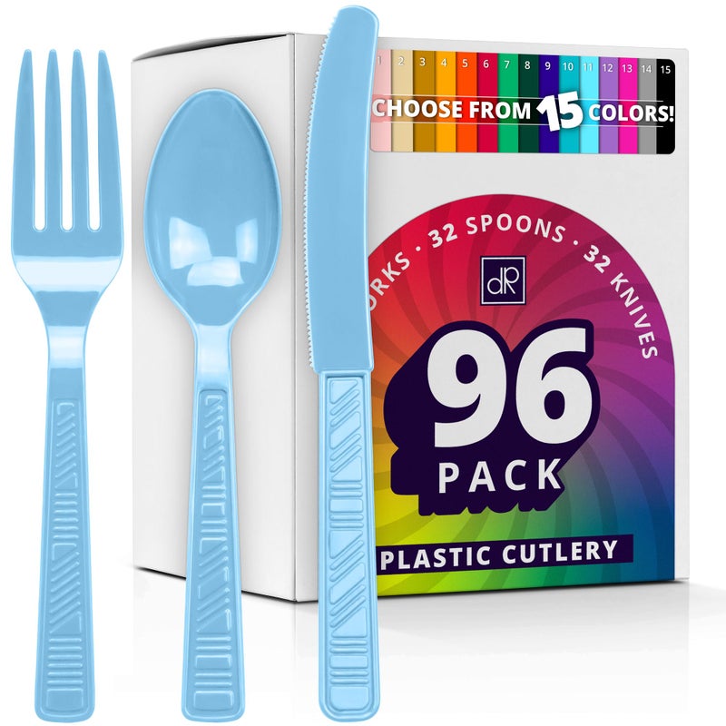 DecorRack Plastic Cutlery Set Light Blue Colored Plastic Silverware Sets for Parties 96 Piece Bulk Heavy Duty Utensils Light Blue 96 Pieces