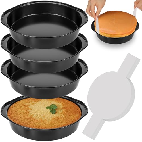 AWTBDP 8 Inch Cake Pan, Nonstick 4 Pack Round Cake Pans with 100PCS Pre-cut Parchment Paper for Birthday Christmas, Durable Circle Cake Pan Sets with Handle for Baking Multi-Layer Cakes, Dishwasher Safe - Image 1