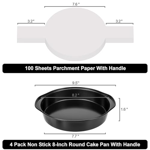 AWTBDP 8 Inch Cake Pan, Nonstick 4 Pack Round Cake Pans with 100PCS Pre-cut Parchment Paper for Birthday Christmas, Durable Circle Cake Pan Sets with Handle for Baking Multi-Layer Cakes, Dishwasher Safe - Image 2