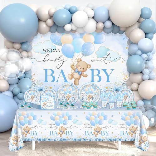 Lecheme 270 Pcs Blue Bear Baby Shower Decorations We Can Bearly Wait Baby Shower Banner Disposable Plates Napkins Cups Tablecloth Balloons for Boy Serve 24 - Image 1