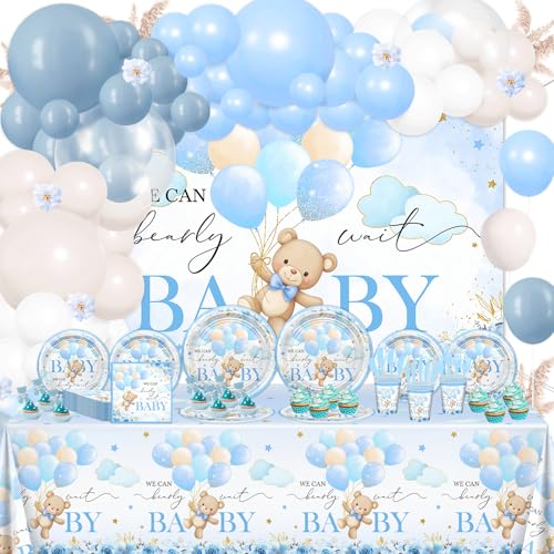 Lecheme 270 Pcs Blue Bear Baby Shower Decorations We Can Bearly Wait Baby Shower Banner Disposable Plates Napkins Cups Tablecloth Balloons for Boy Serve 24 - Image 5