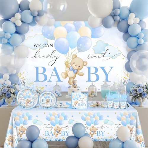 Lecheme 270 Pcs Blue Bear Baby Shower Decorations We Can Bearly Wait Baby Shower Banner Disposable Plates Napkins Cups Tablecloth Balloons for Boy Serve 24 - Image 3