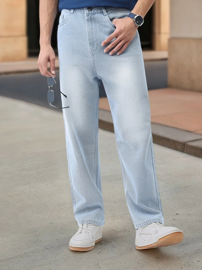 Urbano Fashion Men's Ice Blue Loose Baggy Fit Washed Jeans Non-Stretchable