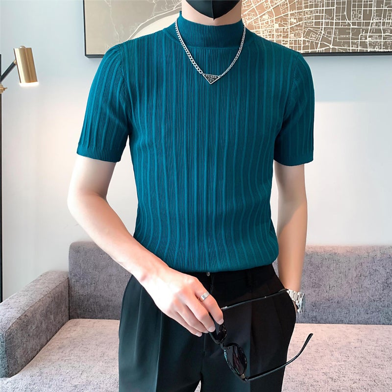 Men's Simple Elegant Solid Color Knitted Short-sleeved Summer Youth Popular Slim-fit All-match Conventional Stand Collar T-shirt - Image 2