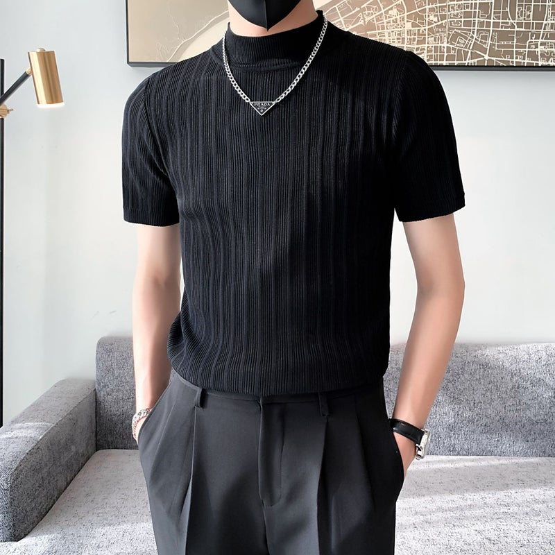 Men's Simple Elegant Solid Color Knitted Short-sleeved Summer Youth Popular Slim-fit All-match Conventional Stand Collar T-shirt - Image 4