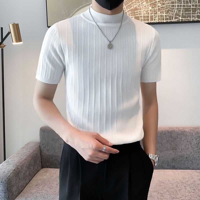 Men's Simple Elegant Solid Color Knitted Short-sleeved Summer Youth Popular Slim-fit All-match Conventional Stand Collar T-shirt - Image 1