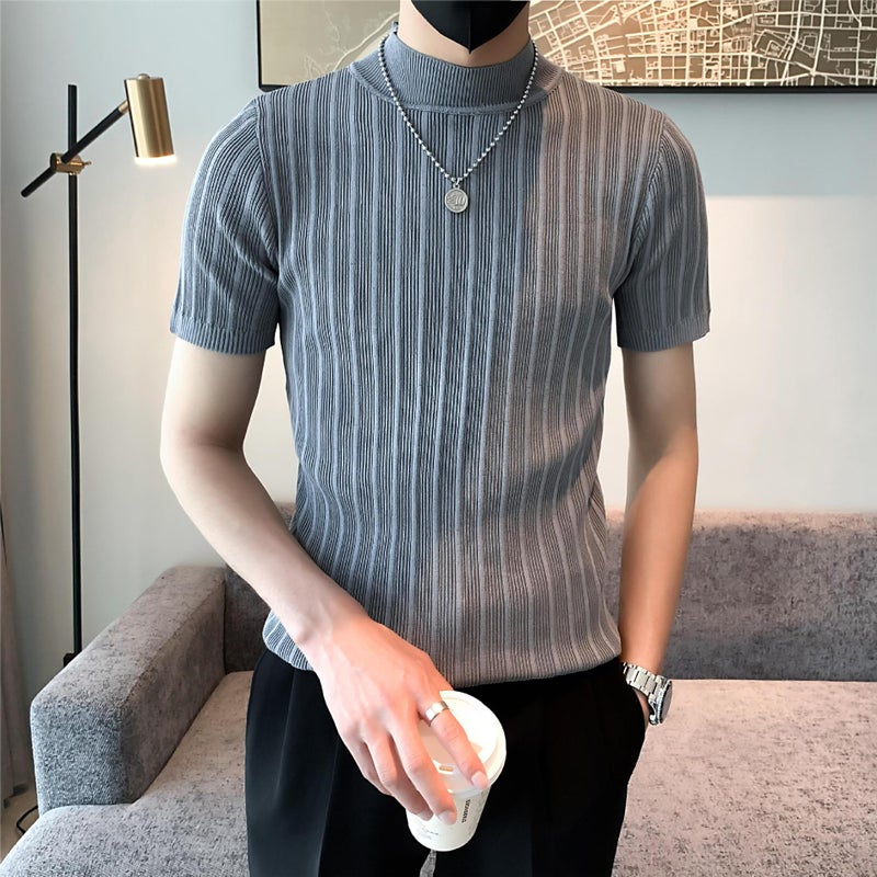 Men's Simple Elegant Solid Color Knitted Short-sleeved Summer Youth Popular Slim-fit All-match Conventional Stand Collar T-shirt - Image 3
