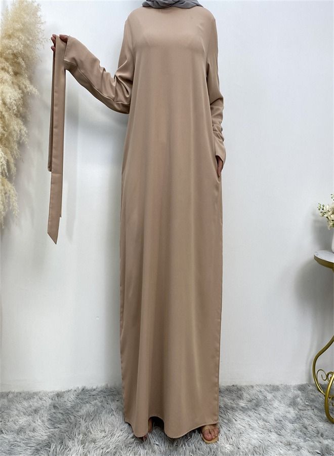 Loquat Lace-Up Pocket Muss Solid Color Dress Abaya Beige  - Image 1