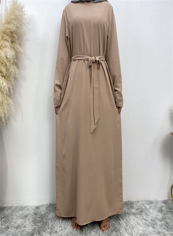 Loquat Lace-Up Pocket Muss Solid Color Dress Abaya Beige  - Image 2