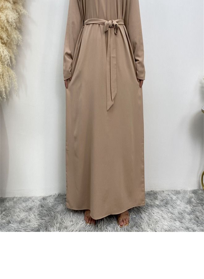 Loquat Lace-Up Pocket Muss Solid Color Dress Abaya Beige  - Image 3