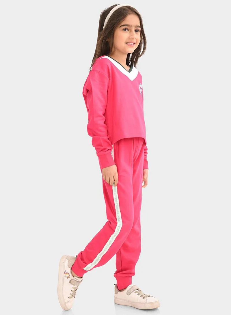 Bonkids Regular Fit Printed Pink Cotton Sets For Girls Round Neck Flat Collar Pull On 100 % Cotton