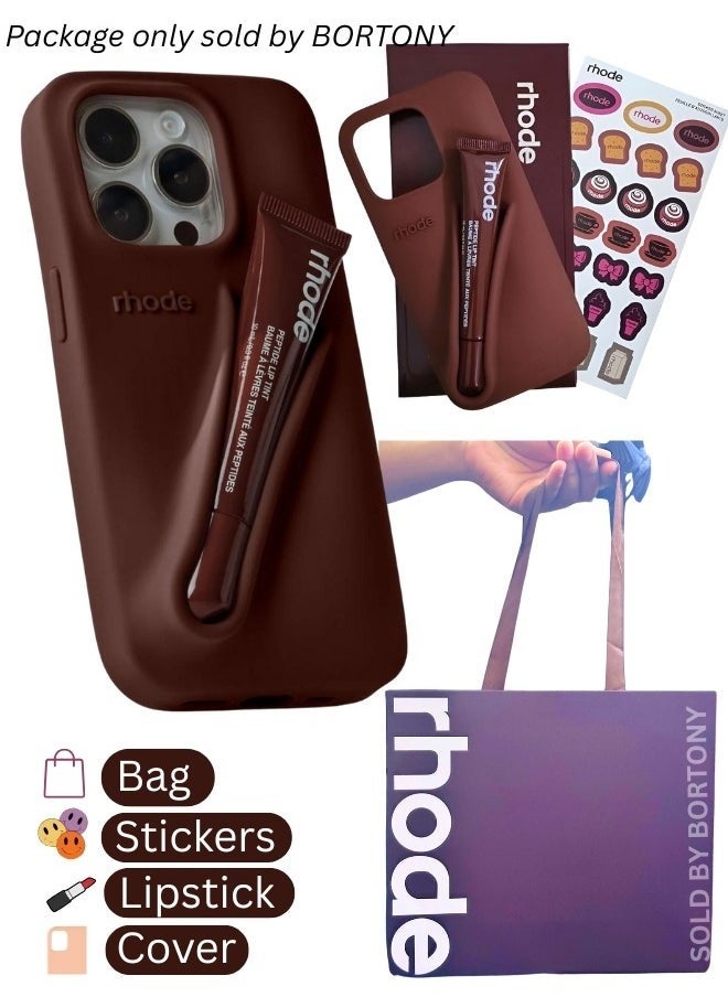 rhode - Rhode Phone Case Combo for iPhone 15 Pro Max – Peptide Lip Gloss + Elegant Silicone Cover with Tote Bag & Stickers | Stylish Gift Set for Girls & Women | Ideal for Birthdays, Holidays, Special Occasions & Self-Care (Chocolate) - Image 1