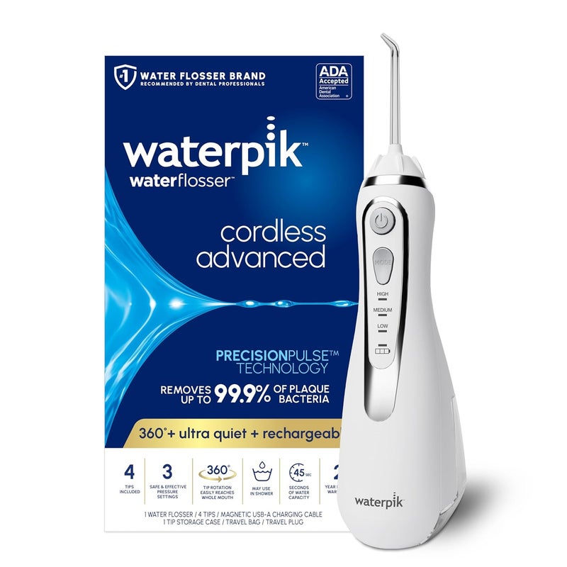 Waterpik Cordless Advanced 20 Water Flosser For Teeth Gums Braces Dental Care With Travel Bag and 4 Tips ADA Accepted Rechargeable Portable and Waterproof White WP580 Packaging May Vary - Image 1