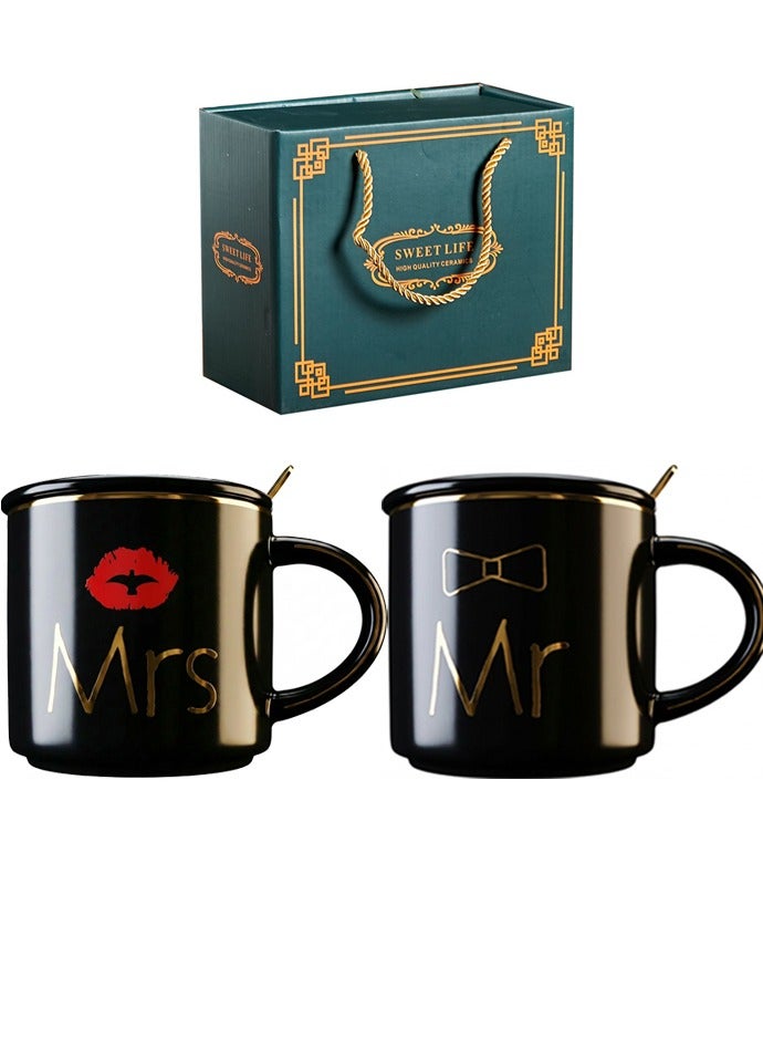 Neox Mr and Mrs Coffee Mug, Ceramic Marble Coffee/Tea Cupp with lid, Spoon set, Personalized Gift Set for Couple, Parents, Wedding Gift, Engagement Wedding Bridal Shower Bride and Groom to Be Newlyweds Anniversary (14oz) (Black/Black)    Mr and Mrs Couples Coffee Mugs Cups Gifts Set for Engagement Wedding Bridal Shower Bride and Groom to Be Newlyweds Anniversary - Ceramic Marble - Image 1