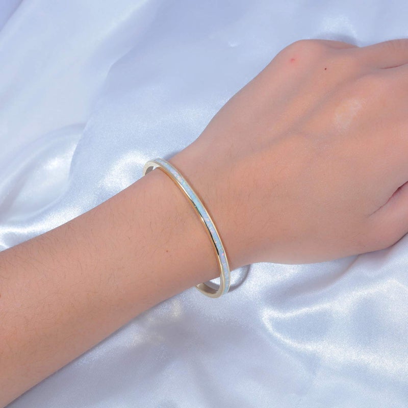 CiNily Gold Thin Open Cuff Bracelets for Women Men-Small Opal Bangle Bracelets 18K Yellow Gold Plated Adjustable Hypoallergenic Gemstone Bracelet Jewelry Gift for Mothers Day Graduation - Image 2