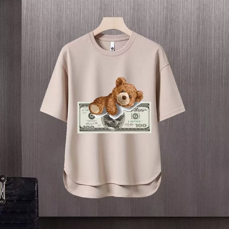Nuclear Explosion Tide Brand Dollar Bear Big Red West Coast Summer Cartoon 220G Fabric Men'S And Women'S Half Sleeve Short Sleeve T-Shirt