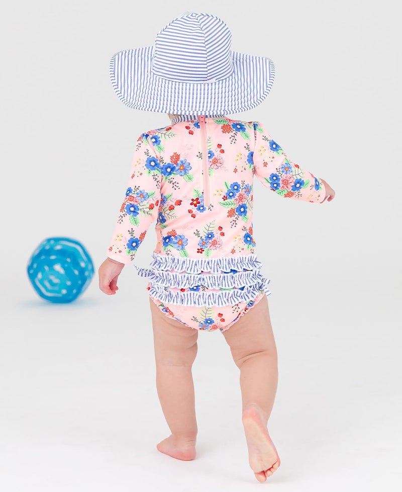 RuffleButts Baby Girls UPF 50+ Sun Protection Floral Printed Long Sleeve One Piece Rash Guard Swimsuit with Zipper - Coastal Breeze Floral, 2T - Image 4