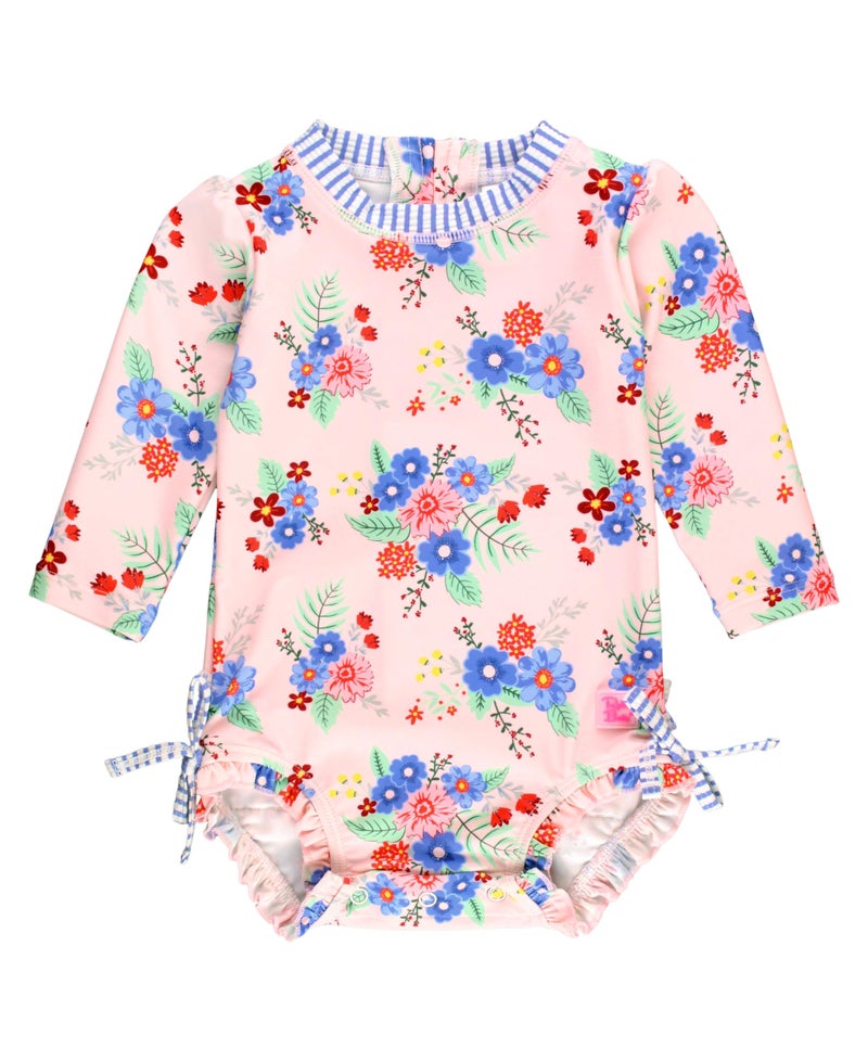 RuffleButts Baby Girls UPF 50+ Sun Protection Floral Printed Long Sleeve One Piece Rash Guard Swimsuit with Zipper - Coastal Breeze Floral, 2T - Image 1