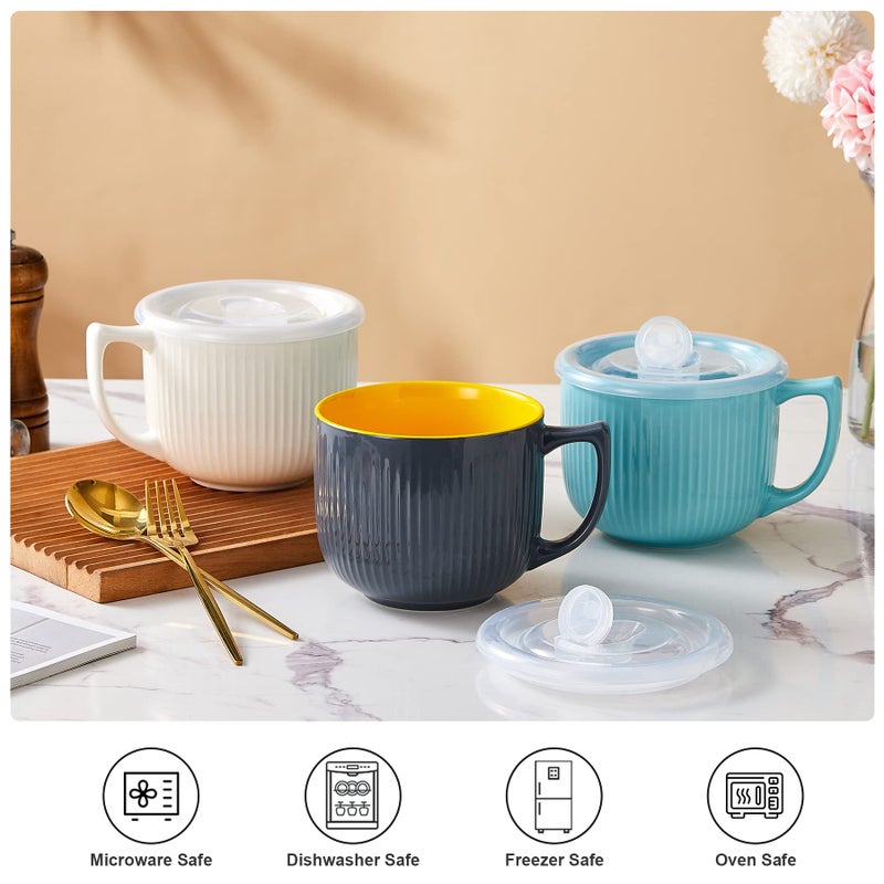 Hoilse Ceramic Soup Bowl With Handle 32Oz - Microwave Ramen Bowl With Lid  Soup Mugs & Cups For Cereal  Oatmeal  Ramen  Instant Noodle  Soup Container With Lid - Set Of 2 (White) - Image 3