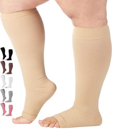Mojo Compression socks Compression Socks for Women and Men 20-30 mmHg Knee High - Women and Mens Compression Stockings with Open Toe for Airplane Travel Circulation - Beige, Large - AB211 - Image 1